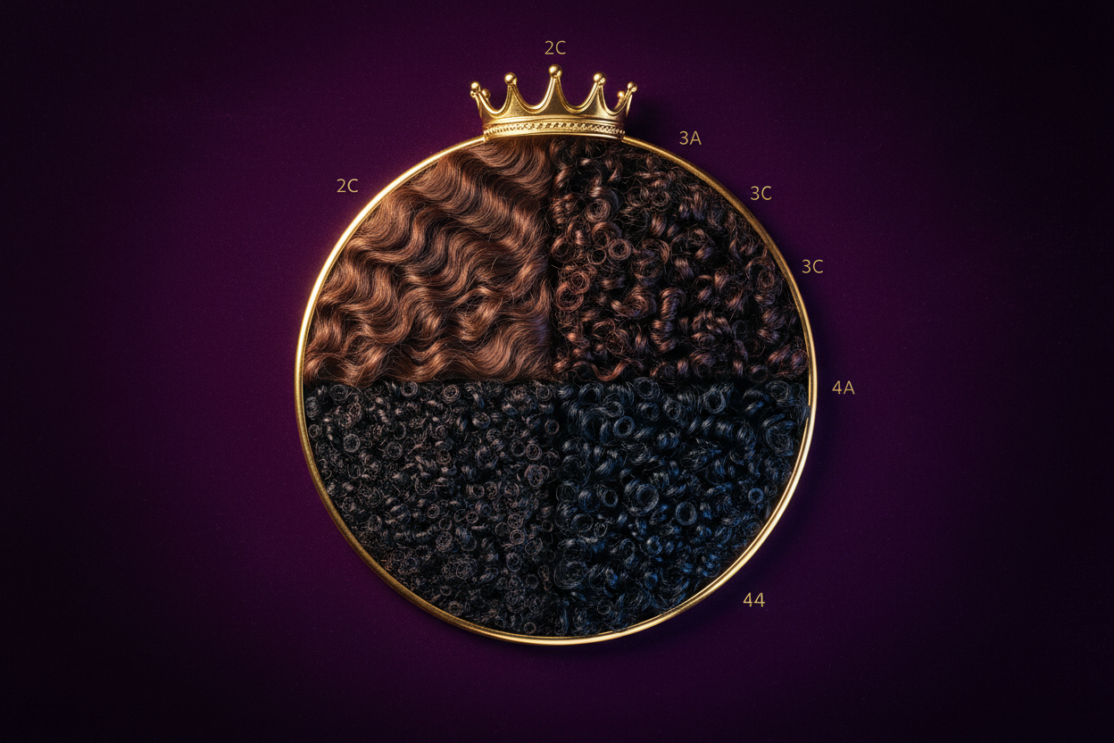 Visual Concept:

A circular arrangement of curl strands:
2C → 3A → 3C → 4A → 4C
Like a color wheel, but curls.

Background:

Deep royal purple with a gold ring encircling the wheel.

Details:

Each curl segment lit slightly differently

Gold ring = “crown” symbolism

Very luxury, editorial

Purpose:

Shows inclusivity + versatility.