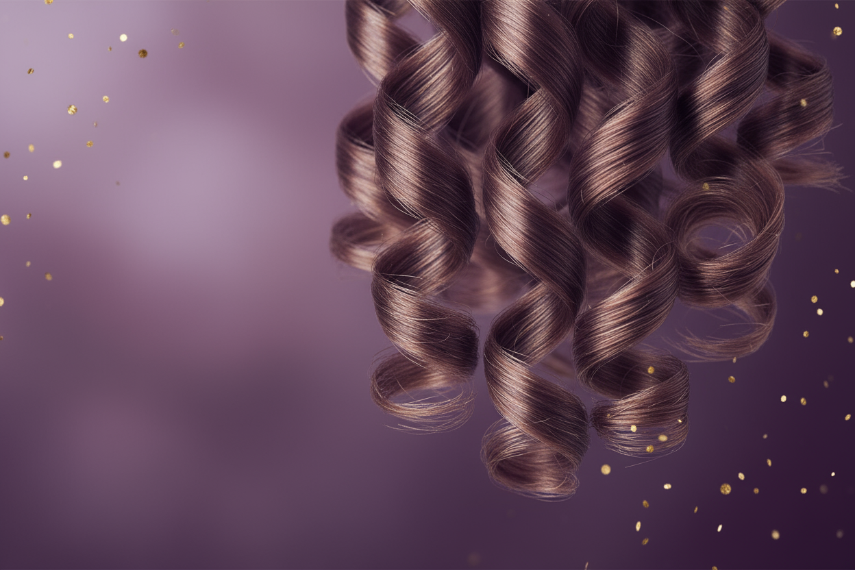 Visual Concept:

A cluster of curls spiraling naturally, soft and touchable — no cast, no frizz.

Background:

Muted plum purple (#3B1E54) gradient fading to deeper tones.

Details:

Gentle gold sparkle particles around edges

Out-of-focus background

Close-up macro of curl texture

Purpose:

Instantly communicates softness + luxury.