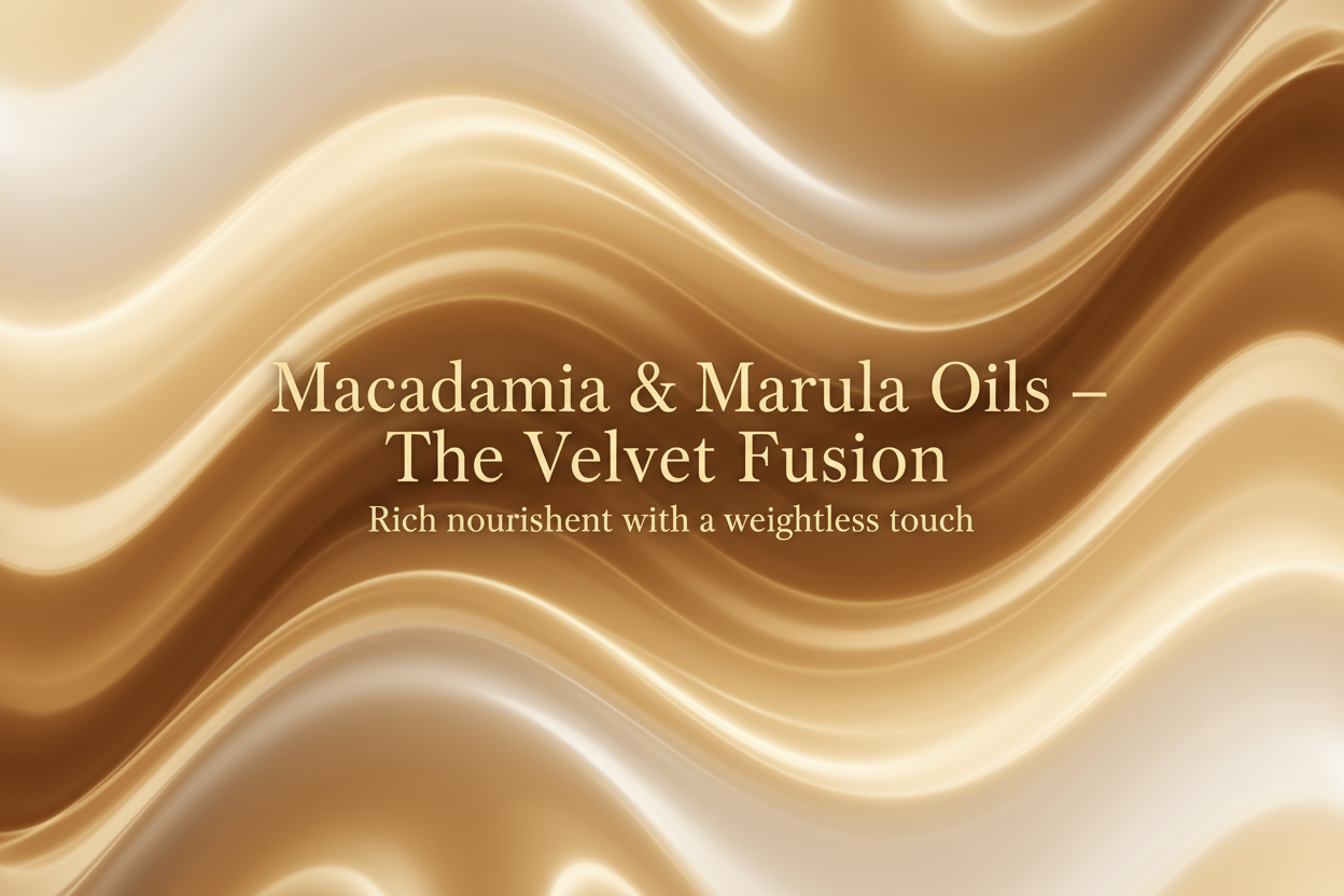 Warm gold and ivory oil waves blending in slow motion, merging like silk and light. Write in title and tagline - Macadamia & Marula Oils – “The Velvet Fusion”
Tagline: Rich nourishment with a weightless touch.