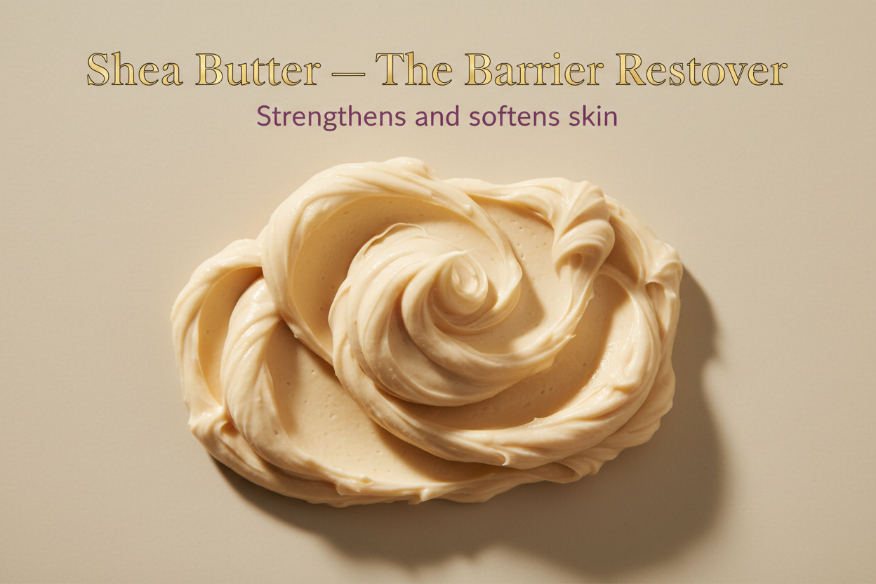 Whipped, cloud-like cream sculpted into soft peaks. Diffused overhead lighting. Background pale sand matte.
Overlay text:
– Title: “Shea Butter — The Barrier Restorer” in gold.
– Tagline: “Strengthens and softens skin” in plum.
Tactile, comforting, luxury skincare editorial style.