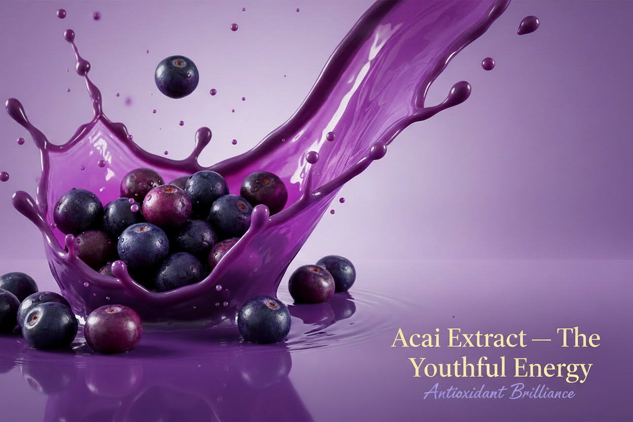 Write in title and tagline : Acai Extract — The Youthful Energy

Overlay text:

Title text in gold

Tagline text in lilac: “Antioxidant Brilliance”