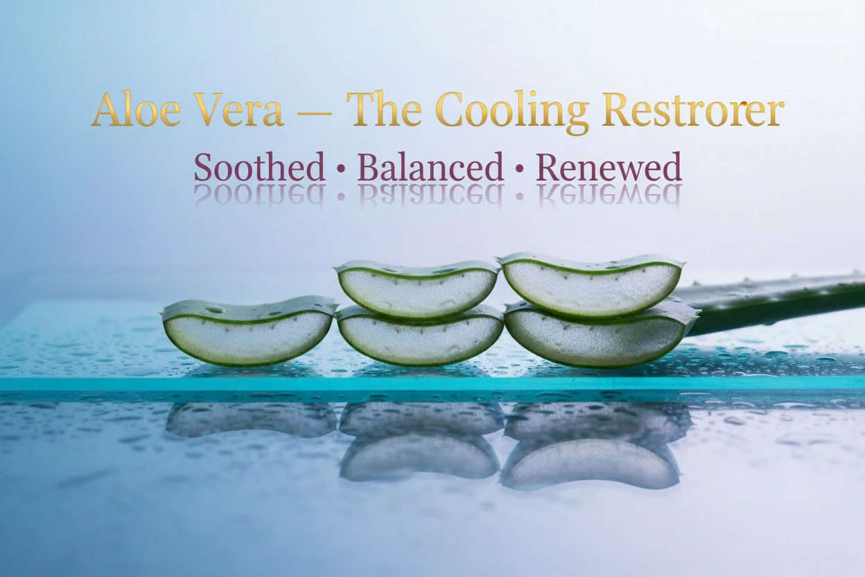 Write in title and tagline: Aloe Vera — The Cooling Restorer

Overlay text:

Title text in gold

Tagline text in plum: “Soothed · Balanced · Renewed”