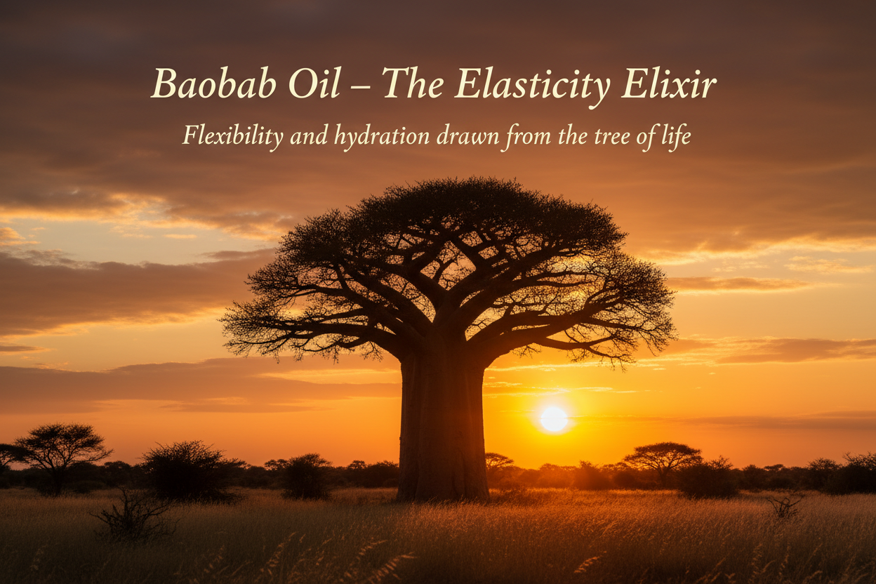 Write in title and tagline - Baobab Oil – “The Elasticity Elixir”

Tagline: Flexibility and hydration drawn from the tree of life.