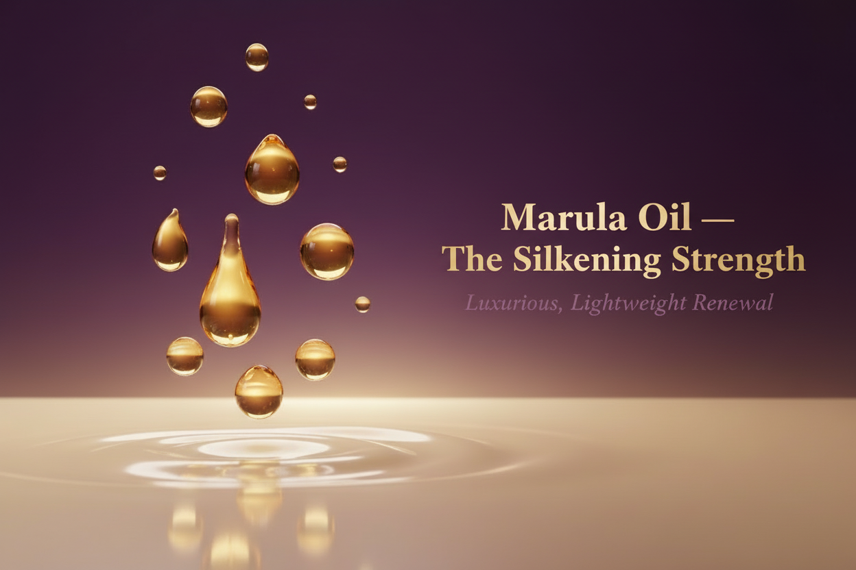 write in title and tagline: Marula Oil — The Silkening Strength

Overlay text:

Title text in gold

Tagline text in plum: “Luxurious, Lightweight Renewal”