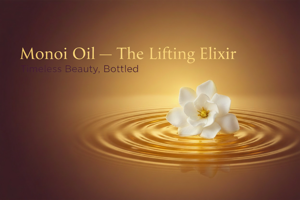 Write in title and tagline: Monoi Oil — The Lifting Elixir

Overlay text:

Title text in gold

Tagline text in plum: “Timeless Beauty, Bottled”
